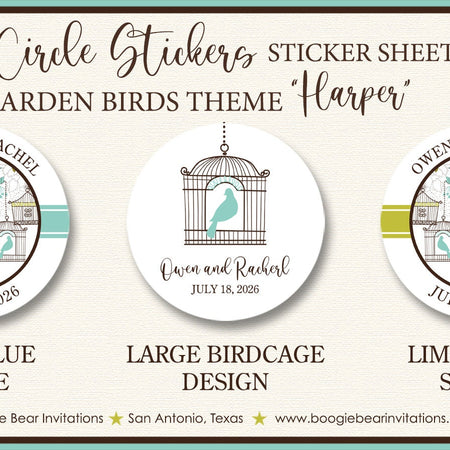 Garden Birds Wedding Stickers Circle Birthday Party Favor Woodland Birdcage Cage Forest Tree Flowers Boogie Bear Invitations Harper Theme