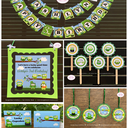St. Patrick's Owls Birthday Party Package Girl Boy Woodland Green Lucky Pot of Gold Shamrock Clover Hat Boogie Bear Invitations Ashlyn Theme