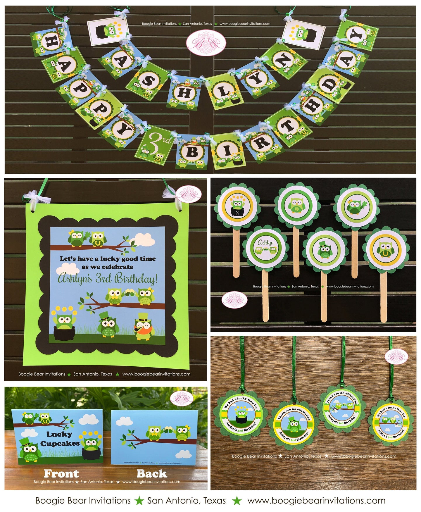 St. Patrick's Owls Birthday Party Package Girl Boy Woodland Green Lucky Pot of Gold Shamrock Clover Hat Boogie Bear Invitations Ashlyn Theme