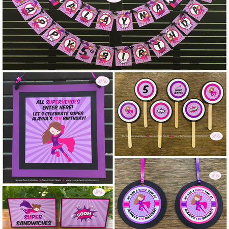 Super Girl Birthday Party Package Superhero Pink Purple Black Comic Hero Supergirl Cape Retro Skyline Boogie Bear Invitations Alayna Theme
