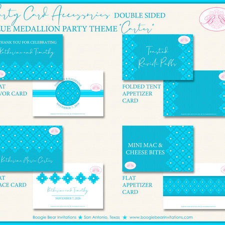 Blue Medallion Wedding Favor Party Card Tent Appetizer Place Food Birthday Flower Damask Victorian Ball Boogie Bear Invitations Carter Theme
