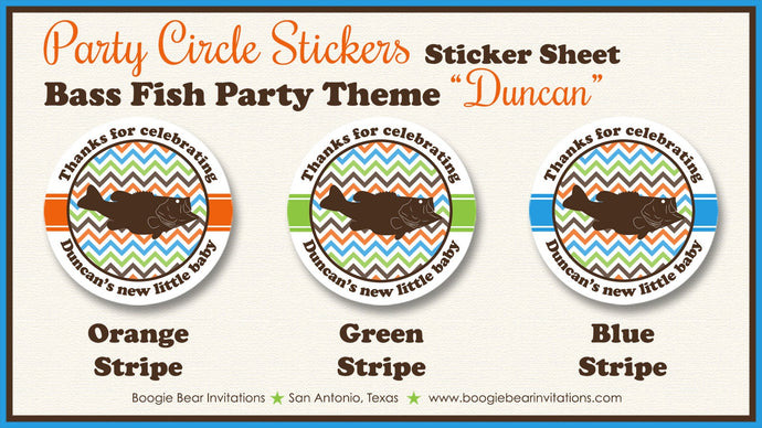 Bass Fishing Baby Shower Party Stickers Circle Sheet Round Blue Green Orange Brown Birthday Fish Rustic Boogie Bear Invitations Duncan Theme