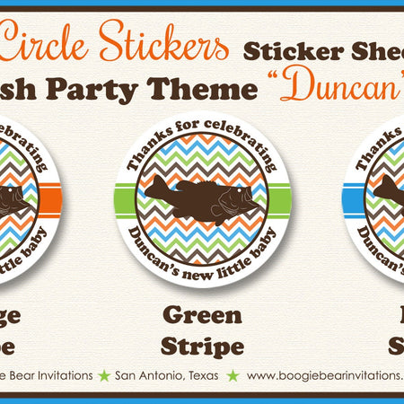 Bass Fishing Baby Shower Party Stickers Circle Sheet Round Blue Green Orange Brown Birthday Fish Rustic Boogie Bear Invitations Duncan Theme