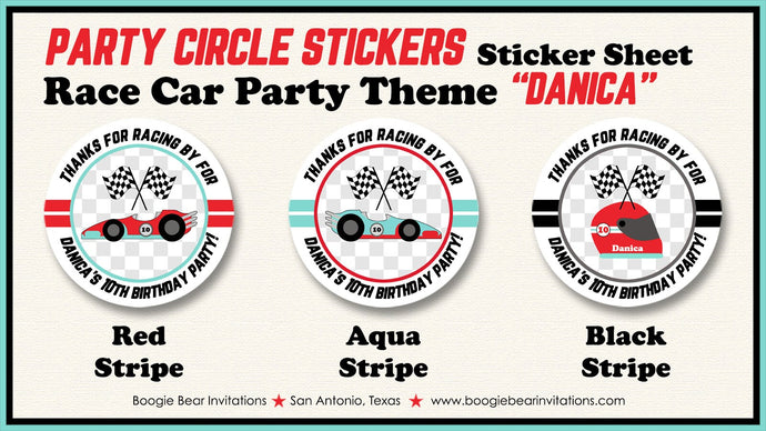 Race Car Birthday Party Circle Stickers Sheet Round Boy Girl Red Aqua Blue Black Racing Grand Prix Boogie Bear Invitations Danica Theme