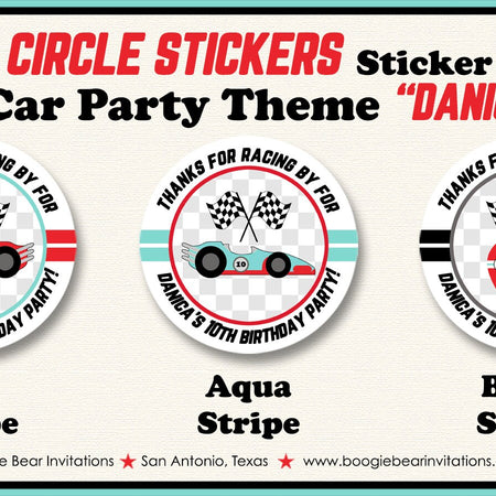 Race Car Birthday Party Circle Stickers Sheet Round Boy Girl Red Aqua Blue Black Racing Grand Prix Boogie Bear Invitations Danica Theme