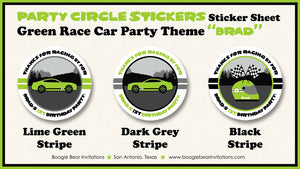 Green Race Car Birthday Party Circle Stickers Sheet Round Boy Girl Lime Black Street Racing Fastback Boogie Bear Invitations Brad Theme