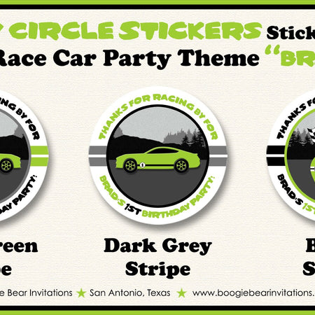 Green Race Car Birthday Party Circle Stickers Sheet Round Boy Girl Lime Black Street Racing Fastback Boogie Bear Invitations Brad Theme