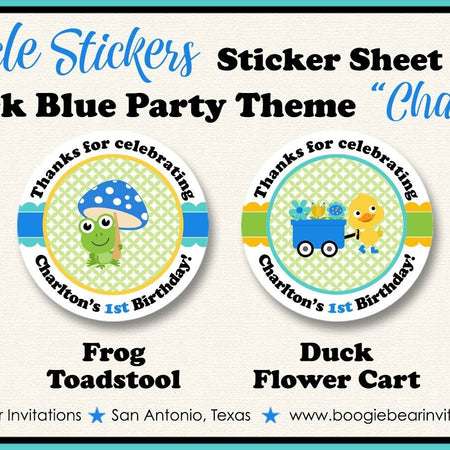 Frog Duck Birthday Party Circle Stickers Sheet Round Spring Flower Gardening Boy Blue Green Yellow Boogie Bear Invitations Charlton Theme