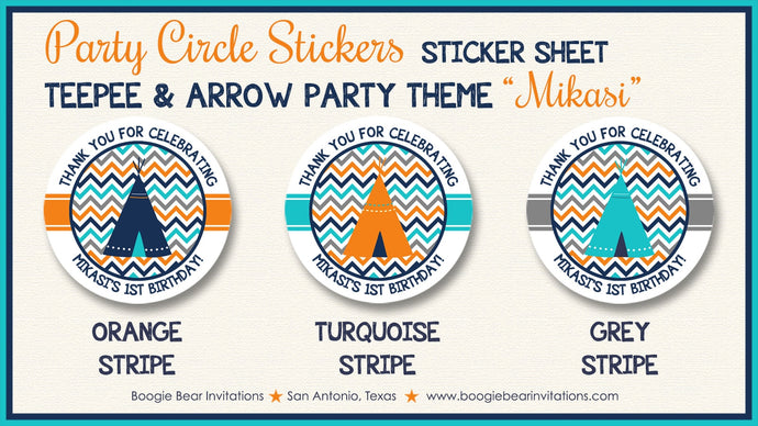 Orange Teepee Arrow Birthday Party Stickers Circle Sheet Round Navy Blue Aqua Orange Boy Girl Indian Boogie Bear Invitations Mikasi Theme