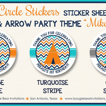 Orange Teepee Arrow Birthday Party Stickers Circle Sheet Round Navy Blue Aqua Orange Boy Girl Indian Boogie Bear Invitations Mikasi Theme
