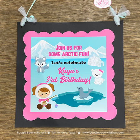 Pink Eskimo Girl Birthday Door Banner Seal Bear Wolf Arctic Polar Tundra Igloo Ice Fishing Iceberg Winter Boogie Bear Invitations Kaya Theme