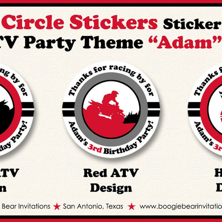 Red ATV Birthday Party Stickers Circle Sheet Round Girl Boy Black All Terrain Vehicle Quad 4 Wheeler Race Boogie Bear Invitations Adam Theme