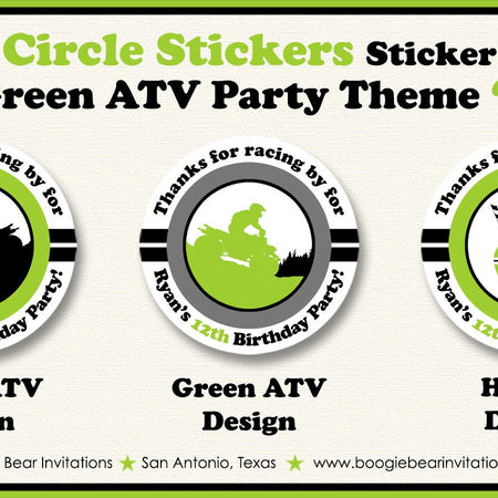 Lime Green ATV Birthday Party Stickers Circle Sheet Round Boy All Terrain Vehicle Quad 4 Wheeler Racing Boogie Bear Invitations Ryan Theme