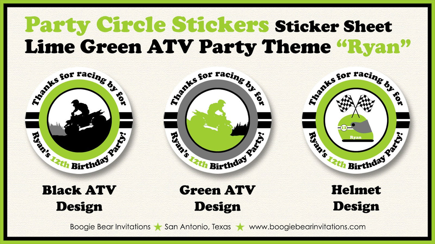 Lime Green ATV Birthday Party Stickers Circle Sheet Round Boy All Terrain Vehicle Quad 4 Wheeler Racing Boogie Bear Invitations Ryan Theme