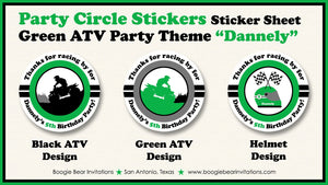 Green ATV Birthday Party Stickers Circle Sheet Round Girl Boy All Terrain Vehicle Quad 4 Wheeler Race Boogie Bear Invitations Dannely Theme