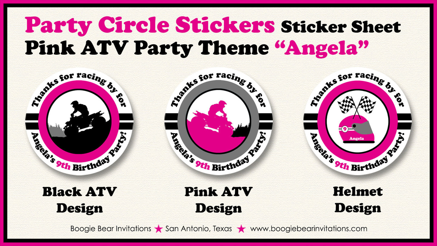 Pink ATV Birthday Party Stickers Circle Sheet Round Girl Black All Terrain Vehicle Quad 4 Wheeler Race Boogie Bear Invitations Angela Theme