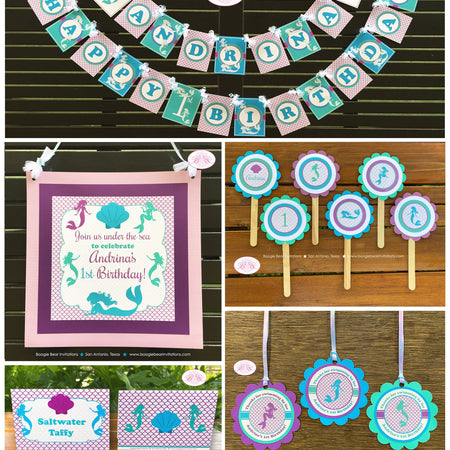 Mermaid Birthday Party Package Pool Purple Aqua Teal Turquoise Blue Swim Swimming Ocean Splash Beach Boogie Bear Invitations Andrina Theme