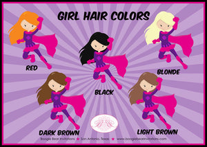Super Girl Birthday Party Package Superhero Pink Purple Black Comic Hero Supergirl Cape Retro Skyline Boogie Bear Invitations Alayna Theme