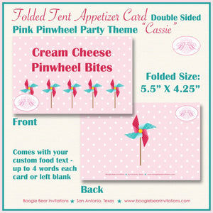 Pinwheel Birthday Favor Party Card Tent Appetizer Place Food Pink Teal Turquoise Aqua Summer Retro Girl Boogie Bear Invitations Cassie Theme