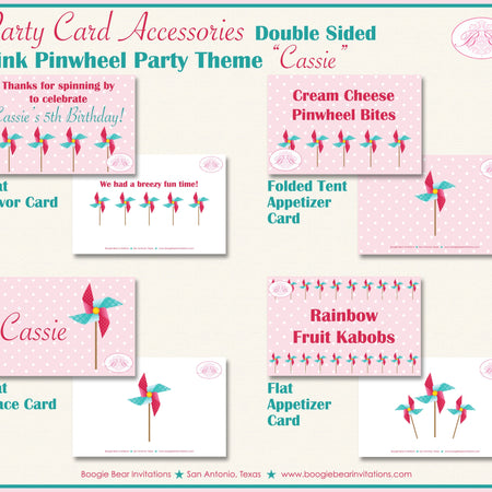 Pinwheel Birthday Favor Party Card Tent Appetizer Place Food Pink Teal Turquoise Aqua Summer Retro Girl Boogie Bear Invitations Cassie Theme