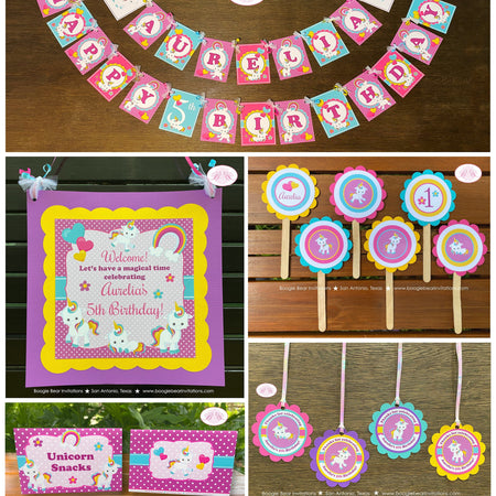 Rainbow Unicorn Birthday Party Package Girl Pink Yellow Aqua Blue Purple Polka Dot Magic Heart Flower Boogie Bear Invitations Aurelia Theme