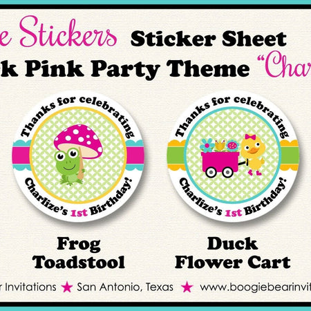 Frog Duck Birthday Party Circle Stickers Sheet Round Spring Flower Gardening Girl Pink Green Yellow Boogie Bear Invitations Charlize Theme