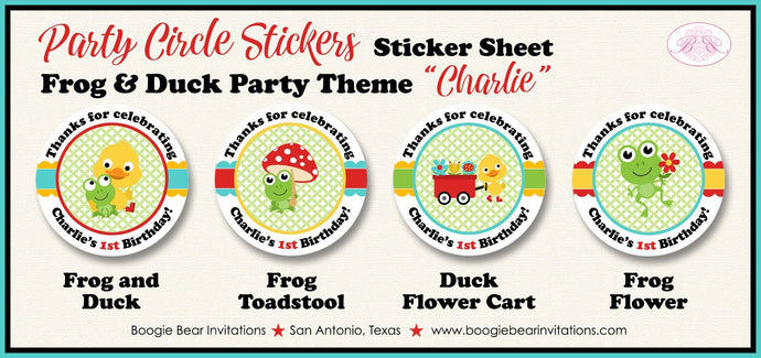 Frog Duck Birthday Party Circle Stickers Sheet Round Spring Flower Gardening Girl Boy Red Green Yellow Boogie Bear Invitations Charlie Theme