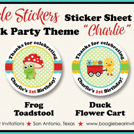 Frog Duck Birthday Party Circle Stickers Sheet Round Spring Flower Gardening Girl Boy Red Green Yellow Boogie Bear Invitations Charlie Theme