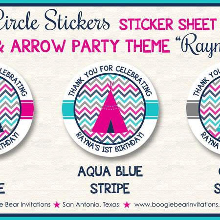 Pink Teepee Arrow Birthday Party Stickers Circle Sheet Round Navy Blue Aqua Turquoise Girl Tribe Indian Boogie Bear Invitations Rayna Theme