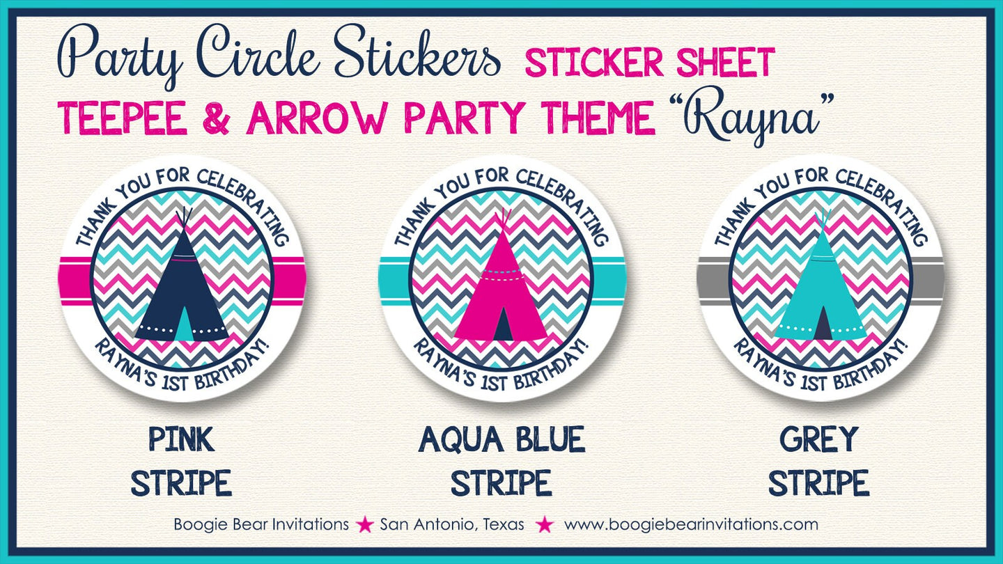 Pink Teepee Arrow Birthday Party Stickers Circle Sheet Round Navy Blue Aqua Turquoise Girl Tribe Indian Boogie Bear Invitations Rayna Theme