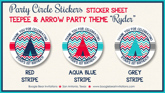 Red Teepee Arrow Birthday Party Stickers Circle Sheet Round Navy Blue Aqua Turquoise Boy Girl Indian Boogie Bear Invitations Ryder Theme