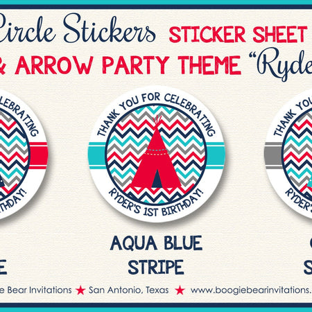 Red Teepee Arrow Birthday Party Stickers Circle Sheet Round Navy Blue Aqua Turquoise Boy Girl Indian Boogie Bear Invitations Ryder Theme