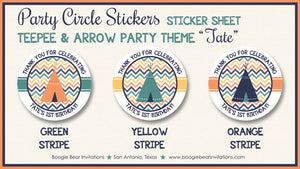 Orange Teepee Arrow Birthday Party Stickers Circle Sheet Round Navy Blue Yellow Green Boy Girl Indian Boogie Bear Invitations Tate Theme