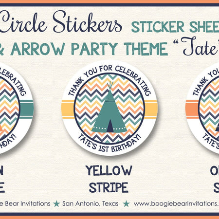 Orange Teepee Arrow Birthday Party Stickers Circle Sheet Round Navy Blue Yellow Green Boy Girl Indian Boogie Bear Invitations Tate Theme