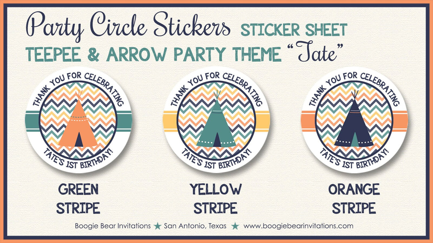 Orange Teepee Arrow Birthday Party Stickers Circle Sheet Round Navy Blue Yellow Green Boy Girl Indian Boogie Bear Invitations Tate Theme