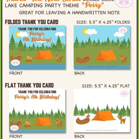 Camping Lake Forest Birthday Party Thank You Card Boy Girl Note Tent Campfire S'mores Camp Trees Boogie Bear Invitations Perry Theme Printed