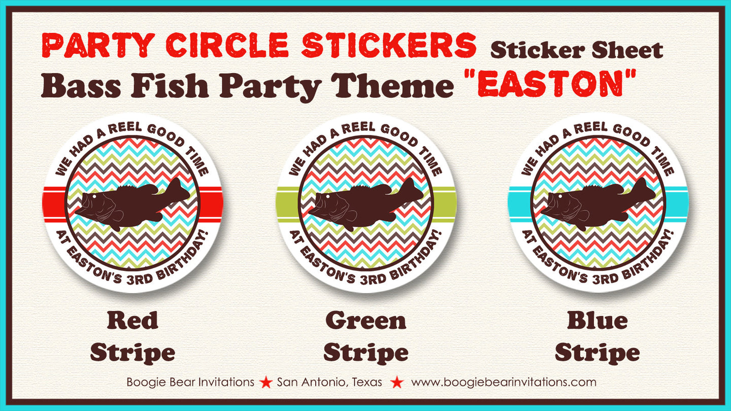 Bass Fishing Birthday Party Stickers Circle Sheet Round Fish Boy Red Girl Green Brown Blue Rustic River Boogie Bear Invitations Easton Theme