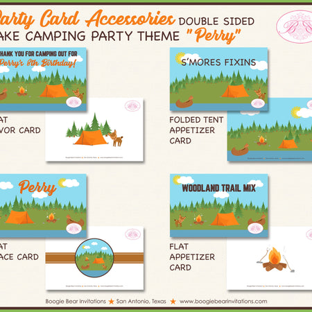 Camping Lake Birthday Favor Party Card Tent Place Food Tag Forest Tent Campfire Boat Boating Park Camp Boogie Bear Invitations Perry Theme