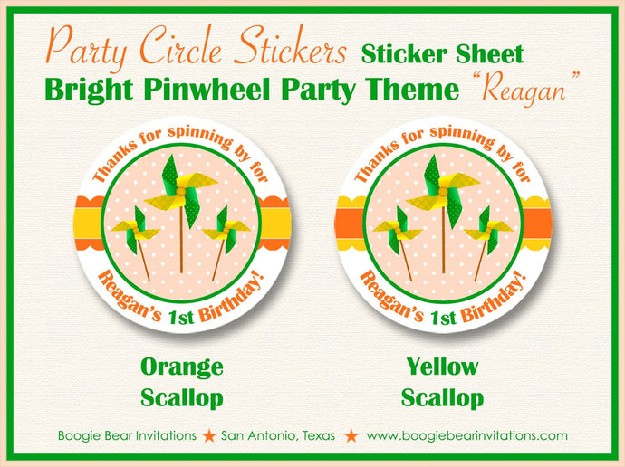 Pinwheel Party Stickers Circle Sheet Round Birthday Orange Green Yellow Retro Boy Girl Bright Summer Boogie Bear Invitations Reagan Theme