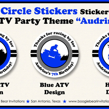 Blue ATV Birthday Party Stickers Circle Sheet Round Girl Boy Black All Terrain Vehicle Quad 4 Wheeler Boogie Bear Invitations Audrina Theme