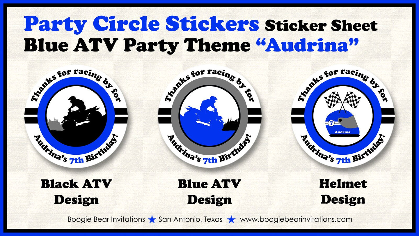 Blue ATV Birthday Party Stickers Circle Sheet Round Girl Boy Black All Terrain Vehicle Quad 4 Wheeler Boogie Bear Invitations Audrina Theme