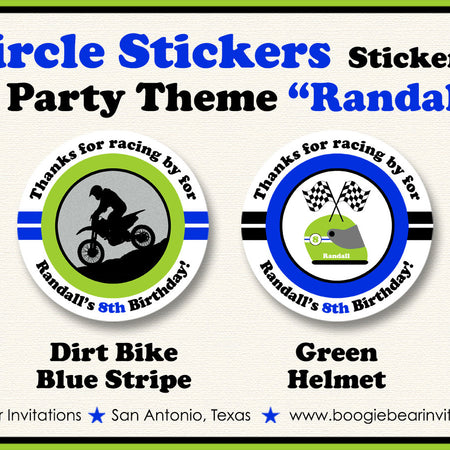 Dirt Bike Birthday Party Stickers Circle Sheet Round Blue Lime Green Enduro Motocross Motorcycle Race Boogie Bear Invitations Randall Theme