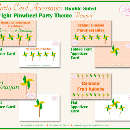 Pinwheel Birthday Favor Party Card Tent Appetizer Place Food Orange Green Yellow Retro Boy Girl Bright Boogie Bear Invitations Reagan Theme