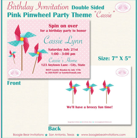Pinwheel Pink Birthday Party Invitation Teal Aqua Girl Summer Garden Picnic Boogie Bear Invitations Cassie Theme Paperless Printable Printed