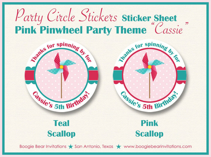 Pink Pinwheel Party Stickers Circle Sheet Round Tag Birthday Teal Aqua Picnic Retro Outdoor Summer Girl Boogie Bear Invitations Cassie Theme