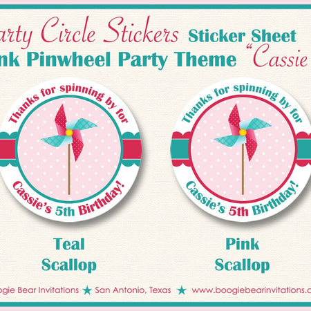 Pink Pinwheel Party Stickers Circle Sheet Round Tag Birthday Teal Aqua Picnic Retro Outdoor Summer Girl Boogie Bear Invitations Cassie Theme