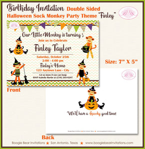 Halloween Sock Monkey Party Invitation Birthday Costume Pumpkin Boy Girl Boogie Bear Invitations Finley Theme Paperless Printable Printed