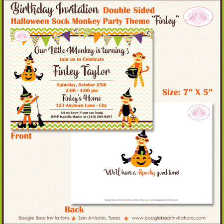 Halloween Sock Monkey Party Invitation Birthday Costume Pumpkin Boy Girl Boogie Bear Invitations Finley Theme Paperless Printable Printed
