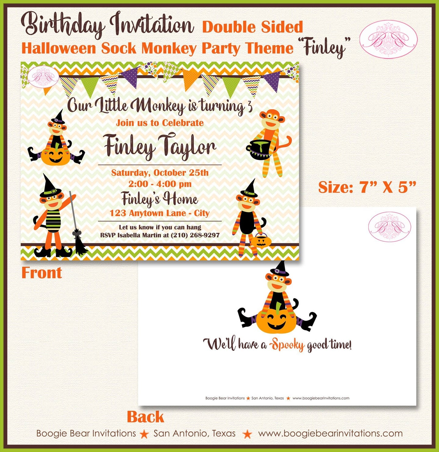 Halloween Sock Monkey Party Invitation Birthday Costume Pumpkin Boy Girl Boogie Bear Invitations Finley Theme Paperless Printable Printed