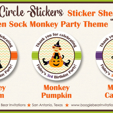 Sock Monkey Halloween Birthday Party Stickers Circle Sheet Boy Girl Chevron Fall Pumpkin Harvest Autumn Boogie Bear Invitations Finley Theme